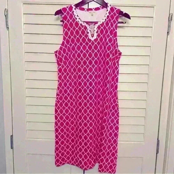 TALBOTS Pink White Quatrefoil Print MIDI Dress Size L Sleeveless Pockets Casual - Picture 8 of 10